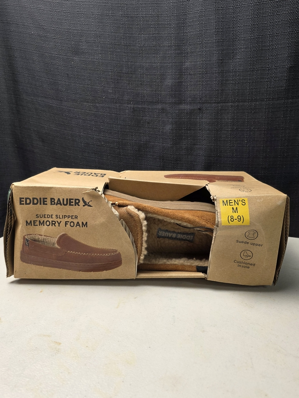 Mens Medium 8-9 Eddie Bauer Suede Memory Foam Slippers Brown New